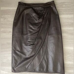 Valentino Chocolate Brown Leather Draped Pencil Skirt- Vintage 1990-2000s